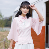 仅粉色上衣 M[码数偏小,建议拍大一码] 中国风复古女唐装上衣民国风改良旗袍汉服中式采耳技师茶服工作服