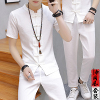 白色套装 M 夏季男士短袖t恤中国风男装两件套盘扣棉麻休闲套装唐装冰丝衣服v