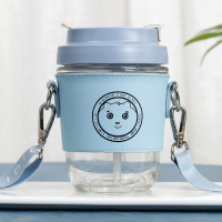 [升级款]350ml吸管/直饮两用(蓝)送杯刷 吸管玻璃水杯女夏季大人斜跨背带泡茶便携孕妇可爱大容量咖啡杯子