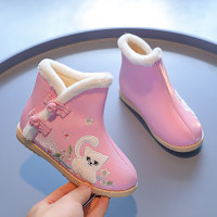 小猫棉靴加绒[粉色] 25码/(内长15cm) 儿童秋冬绣花鞋宝宝手工布鞋唐装汉服女童古代古装演出靴子棉鞋冬