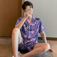 AZD206男 5XL 男士睡衣夏季薄款冰丝短袖青少年学生家居服夏天丝绸卡通可爱套装