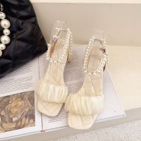 米色 35 高跟凉鞋女一字扣带2022夏季温柔风显瘦气质配裙蕾丝露趾珍珠凉鞋