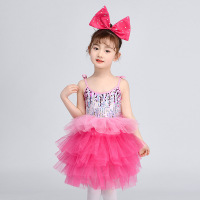 玫红色裙子送头饰 100cm 六一儿童舞蹈亮片蓬蓬裙可爱娃娃蛋糕裙表演服幼儿爵士舞演出服装