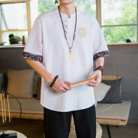 白色 M 亚麻t恤男短袖夏季薄款中国风男装汉服宽松青年胖子大码唐装半袖