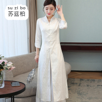 8367白色连衣裙 M 中式唐装采耳工作服春夏汉服改良中国风禅意女装茶服连衣裙两件套