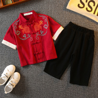 红色 90(90尺码偏小一码) 男童汉服夏套装复古宝宝唐装夏季古风男儿童民族服装薄款麻中国风