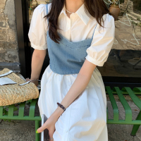 牛仔马甲 均码 韩国chic夏季后背蝴蝶裹胸吊带马甲+翻领宽松泡泡袖衬衫式连衣裙