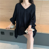 黑色 XL(100-135斤) 大码雪纺衫女胖mm夏200斤宽松遮肚子喇叭袖抽绳燕尾260斤百搭上衣