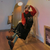 黑色 S码(建议80-95斤) 大码胖mm复古森系中长款刺绣牛仔背带裙女学院风减龄宽松连衣裙子