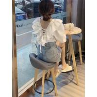 白色 均码 温柔风荷叶边V领泡泡袖衬衫女2022夏减龄百搭洋气抽绳系带上衣