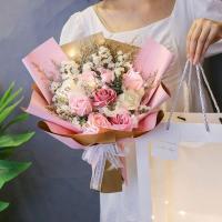 T21-粉玫瑰+勿忘我送礼袋 干花包 母亲节康乃馨假花仿真花小花束送妈妈女友干花永生花生日送人礼物