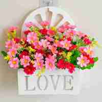 粉色挑兰菊L挂篮 陨石灰家饰love挂墙花篮插花套装春天仿真花花盆花篮墙壁吊篮花卉