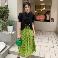 黑色上衣 M[建议80-100斤] 大码女装复古中国风盘扣气质上衣开叉松紧腰百褶半身裙夏季两件套