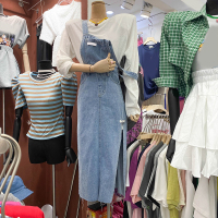 蓝色 M 2022夏季复古港风高腰长款包臀裙蓝色休闲开叉背带牛仔半身裙女