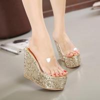 金色[14厘米透明118-1] 34 夏季坡跟凉拖鞋超高跟14CM夜店防水台厚底鱼嘴鞋透明亮片松糕女鞋