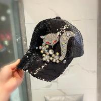 黑色 狐狸钻亮片网帽 可调节 帽子女夏时尚洋气水钻亮片棒球帽女户外百搭透气网眼鸭舌帽遮阳帽