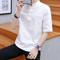 白色T21盘扣五分袖 M 夏季短袖男士立领简约棉麻中国风宽松大码五分袖汉服盘扣唐装体恤