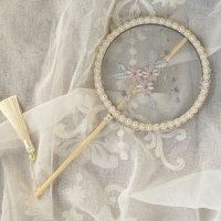 粉灰色 团扇古风扇子儿童夏半透长柄流苏舞蹈扇女古装汉服旗袍刺绣小圆扇