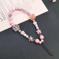 短款[粉色]方块花朵贝壳串珠挂绳 手机挂绳短款手腕带子手工串珠创意方块珠子挂饰防丢吊绳女款挂链