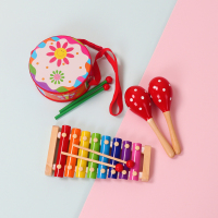 红色太阳花4件套(送收纳袋) 奥尔夫打击乐器幼儿园早教儿童乐器沙锤玩具手鼓敲打鼓三角铁摇铃