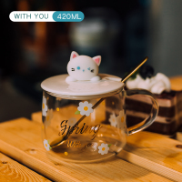 WITH YOU-420ml 可爱猫咪玻璃杯子情侣马克杯女家用耐热水杯花茶杯带盖勺咖啡杯