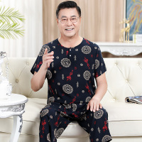 平安富贵(藏蓝) XL 男士睡衣夏季薄款中老年棉绸睡衣老人爸爸人造棉家居服套装可外穿