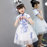 短款送头花 100cm 儿童公主裙合唱服演出服女童蓬蓬裙青花瓷古筝演奏表演服装中国风