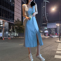 浅蓝色 S 建议90-100斤 春秋大码心机开叉连衣裙女中长款收腰显瘦裙子设计感牛仔背带裙潮