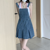 蓝色 S[建议80-90斤] 大码复古牛仔背带裙女夏减龄连衣裙胖mm显瘦水洗百褶裙半身短裙子