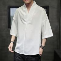 白色5934 M 亚麻唐装男短袖棉麻改良汉服中老年人夏季大码衬衫老人中国风男装