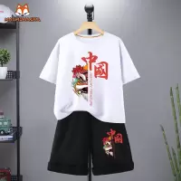 国狮白+国狮黑裤 110cm 六一儿童合唱演出服中国风民族服装朗诵衣服啦啦队表演服男童短袖
