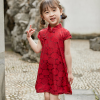 酒红荷叶 90 女童旗袍夏季中国风复古连衣裙改良中式宝宝汉服儿童唐装薄款短袖