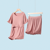 横开款-豆沙色-细螺纹莫代尔(短袖+短裤) M 孕妇哺乳短袖上衣睡衣套装6月份7产后月子服夏季薄款五分裤喂奶衣
