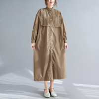 卡其色 均码[90-180斤] 大码胖MM单排扣中长款立领开衫衬衣连衣裙子 过膝长裙子显瘦潮