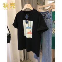 秋壳100%纯棉胖mm白色短袖T恤女新款夏季大码女装宽松ins上衣潮