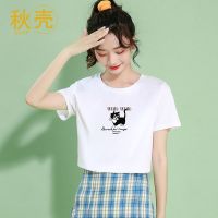 秋壳白色纯棉短袖t恤女2022春夏季宽松可爱ins风印花女装上衣