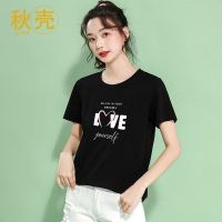 秋壳黑色纯棉短袖t恤女2022春夏季新款韩版宽松ins风字母印花女装