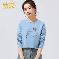 秋壳女装2021新款蓝色长袖t恤女ins潮宽松韩版圆领简约上衣女春秋