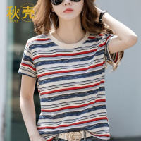 秋壳条纹短袖女上衣2022年夏季新款t恤宽松个性洋气时尚打底衫潮