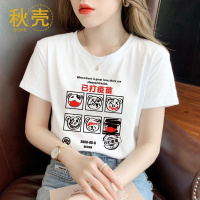 秋壳纯棉女装2022新款小众学生党时髦百搭女装短袖创意印花上衣女