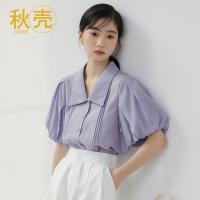 实拍白色衬衫女2022夏季设计感小众宽松娃娃领法式短袖上衣女