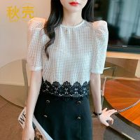秋壳2022夏季新款名媛风镂空拼接蕾丝短袖T恤泡泡袖雪纺衫上衣女