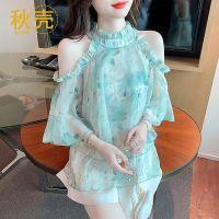 秋壳2022年夏季新款名媛风肌理感碎花漏肩挂脖雪纺短袖T恤上衣女