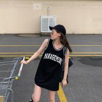 秋壳2022夏季新款韩版字母印花撞色T恤无袖背心裙休闲上衣篮球服