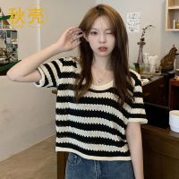 秋壳2022年夏季新款慵懒风条纹镂空针织衫休闲条纹U型领短袖T恤女