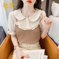 秋壳2022夏季新款假两件拼接条纹短袖t恤甜美风娃娃领雪纺上衣女