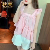 秋壳2022年夏季新款ins风不规则荷叶边格子吊带背心无袖短款上衣