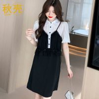 秋壳2022年夏季新款ins风POLO领印花连衣裙气质泡泡袖绑带吊带裙