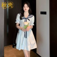 领连衣裙女夏季2022新款甜美学院风收腰显瘦小众短袖A字裙子