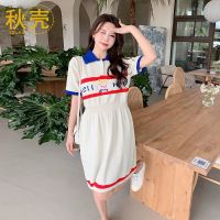 秋壳2022夏季新款ins风卡通字母印花衬衫连衣裙大码休闲百搭T恤裙